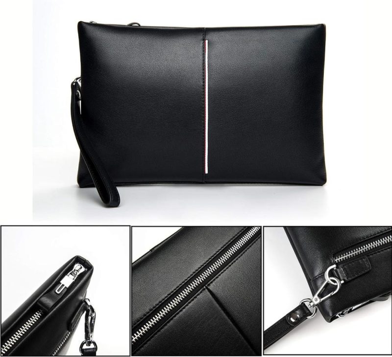 Briefcases | Genuine Leather Clutch Bag For Men Handbag Wrist Bag Business Large Purse Envelope Bag Briefcases Black-07