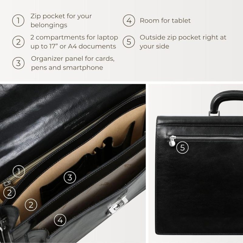 Briefcases | Leather Briefcase – Italian Handmade Laptop Bag – Briefcase For Men And Women – Attache – Computer Bag Briefcases Black