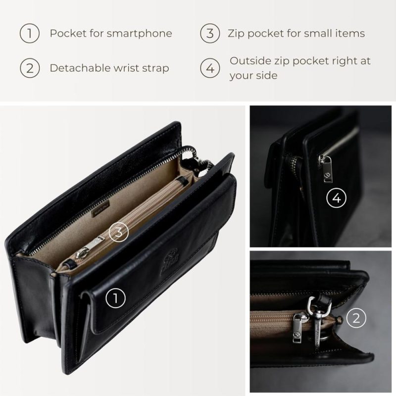 Briefcases | Leather Clutch For Men Organizer Wrist Bag Briefcase Handmade In Italy Gift Box Included Briefcases Black