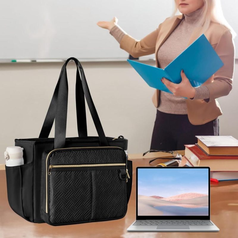 Briefcases | Teacher Tote Bag With Accordion File Organizer Pocket, Large Teacher Work Utility Bag For Women, Black(Patent Design) Briefcases Black