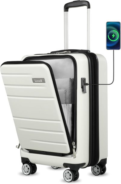 Carry-On Luggage | Carry On Luggage 22X14X9 Airline Approved, Expandable Polycarbonate Suitcase With Front Pocket And Usb Port (White, 20 Inch, 36.1L) Carry-On Luggage Carry-On Luggage