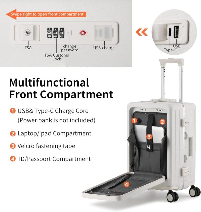 Carry-On Luggage | Carry On Luggage 22X14X9 Airline Approved, Pc Lightweight Hardside Suitcase With Spinner Wheels, Front Pocket, Usb Port, Cup Holder And Aluminum Frame, White, 20-Inch Carry-On Luggage Carry-On Luggage