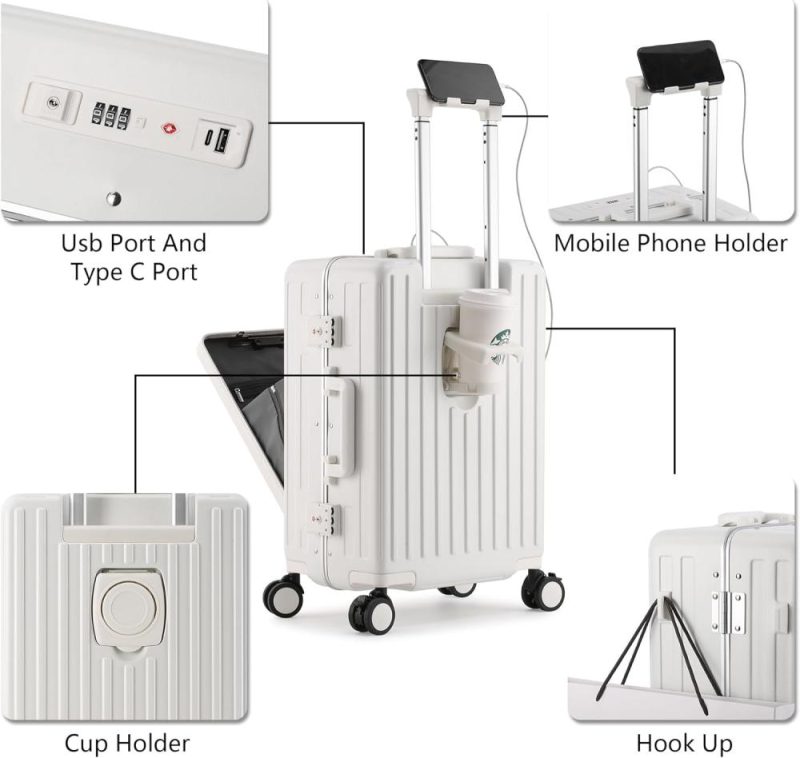 Carry-On Luggage | Carry On Luggage 22X14X9 Airline Approved, Pc Lightweight Hardside Suitcase With Spinner Wheels, Front Pocket, Usb Port, Cup Holder And Aluminum Frame, White, 20-Inch Carry-On Luggage Carry-On Luggage