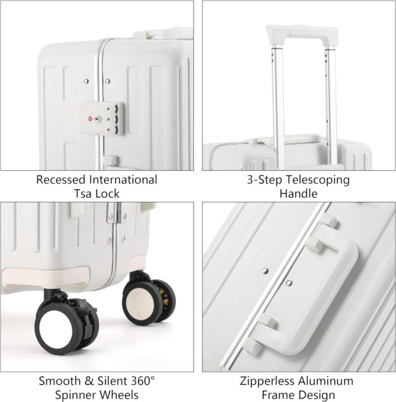 Carry-On Luggage | Carry On Luggage 22X14X9 Airline Approved, Pc Lightweight Hardside Suitcase With Spinner Wheels, Front Pocket, Usb Port, Cup Holder And Aluminum Frame, White, 20-Inch Carry-On Luggage Carry-On Luggage