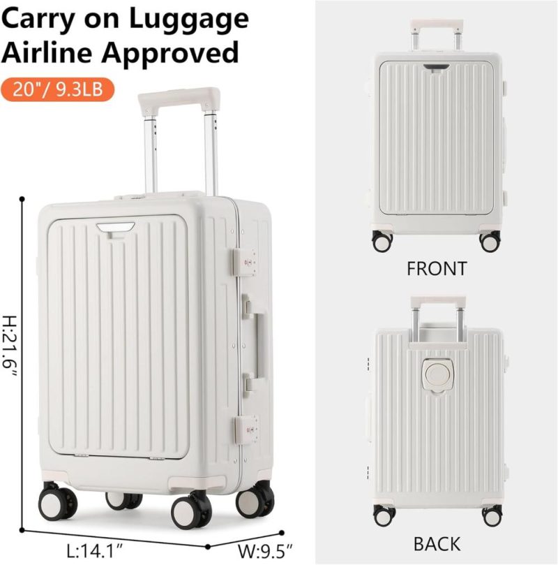 Carry-On Luggage | Carry On Luggage 22X14X9 Airline Approved, Pc Lightweight Hardside Suitcase With Spinner Wheels, Front Pocket, Usb Port, Cup Holder And Aluminum Frame, White, 20-Inch Carry-On Luggage Carry-On Luggage