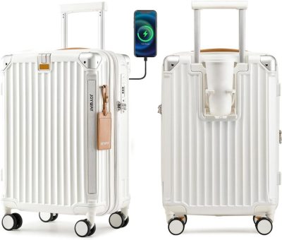 Carry-On Luggage | Carry On Luggage, Expandable Suitcase With Smart Luggage Cup Holder And Usb Port, 20 In Hardside Luggage With Tsa Lock Spinner Double Wheels, White Carry-On Luggage Carry-On Luggage