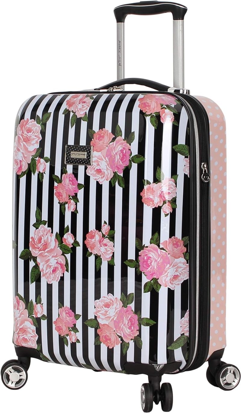 Carry-On Luggage | Designer 20 Inch Carry On – Expandable (Abs + Pc) Hardside Luggage – Lightweight Durable Suitcase With 8-Rolling Spinner Wheels For Women (Stripe Roses) Carry-On Luggage Carry-On Luggage