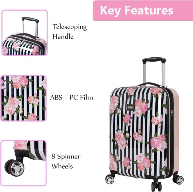 Carry-On Luggage | Designer 20 Inch Carry On – Expandable (Abs + Pc) Hardside Luggage – Lightweight Durable Suitcase With 8-Rolling Spinner Wheels For Women (Stripe Roses) Carry-On Luggage Carry-On Luggage