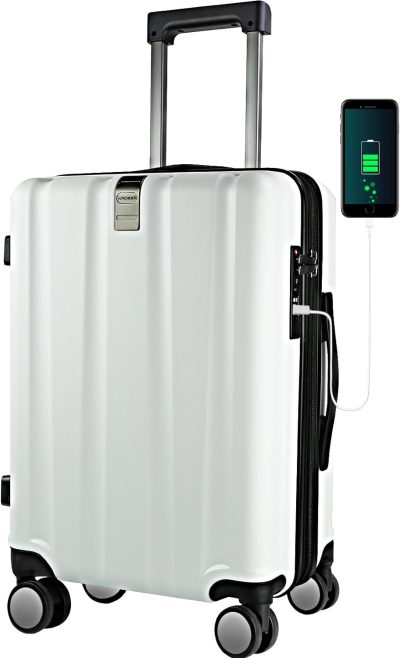 Carry-On Luggage | Hardside Expandable Carry On Luggage With Spinner Wheels & Built-In Tsa Lock, Durable Suitcase Rolling Luggage With Usb Port, Carry-On 20-Inch, White Carry-On Luggage Carry-On Luggage