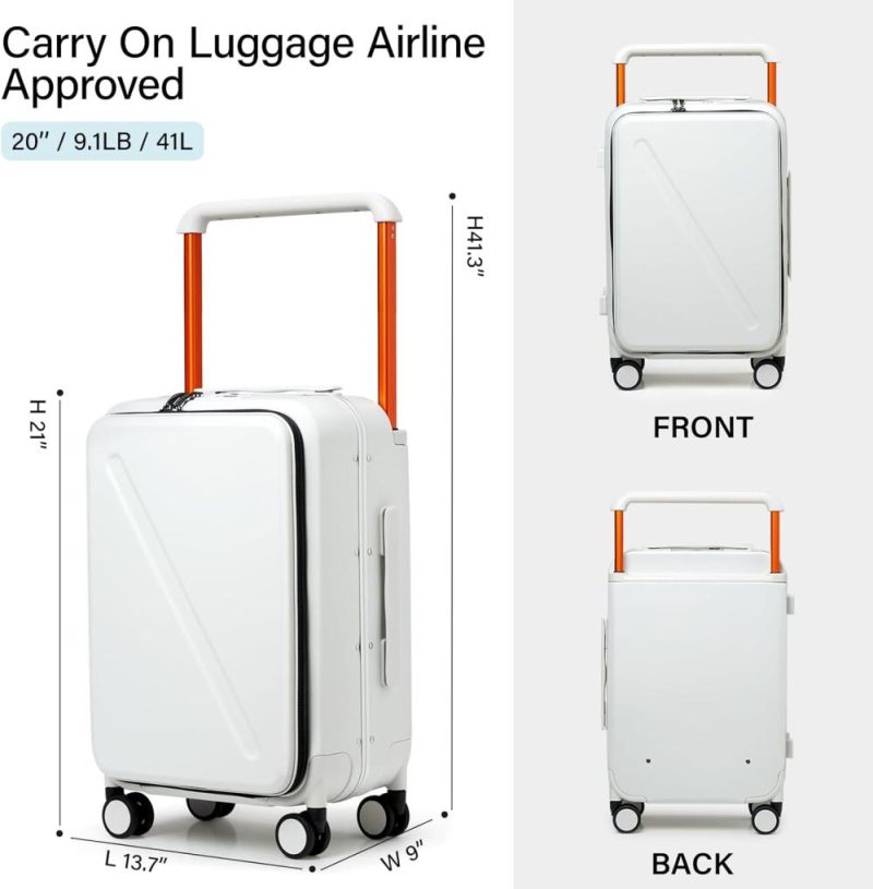 Carry-On Luggage | Luggage Hard Shell Suitcases Airline Approved Carry On Luggage 22X14X9 Tsa Approved Luggage 20 Inch Front Opening Pocket Suitcase With Wheels Travel Luggage Wide Handle, White Carry-On Luggage Carry-On Luggage