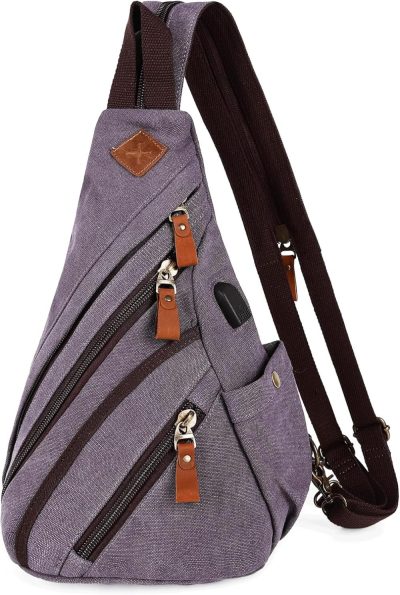 Casual Daypack Backpacks | Canvas Sling Bag Crossbody Backpack Genuine Leather Shoulder Bag Casual Daypacks For Men Backpacks Canvas-purple