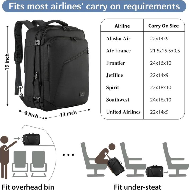 Casual Daypack Backpacks | Carry On Backpack, Extra Large Travel Backpack Expandable Airplane Approved Weekender Bag For Men And Women, Water Resistant Lightweight Daypack For Flight 40L, Black Backpacks Black