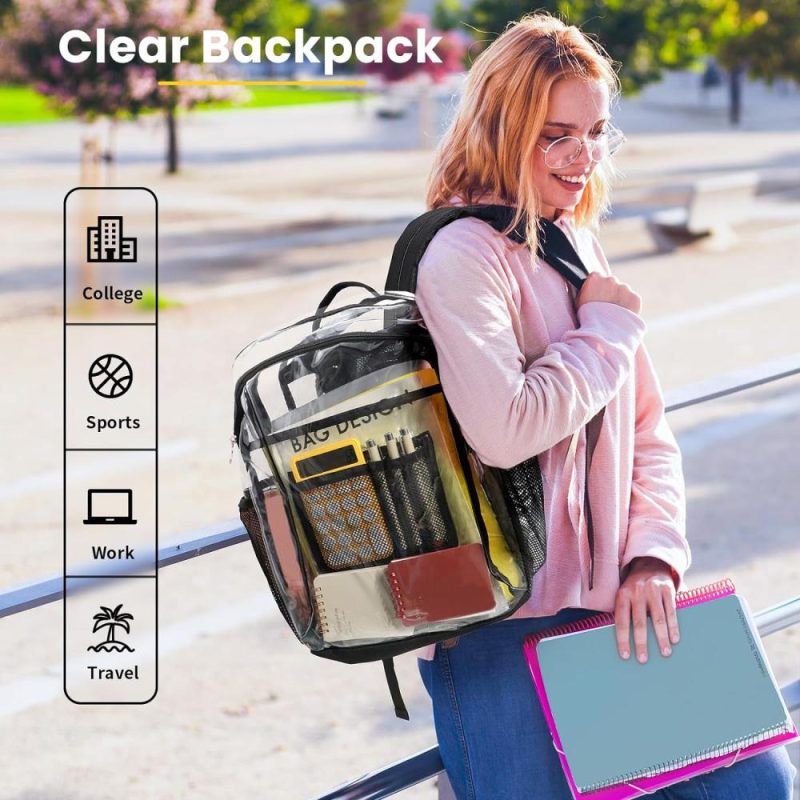 Casual Daypack Backpacks | Clear Backpack Heavy Duty – Clear Book Bag With Multi-Pockets Large See Through Backpack For College Workplace – Black Backpacks Black