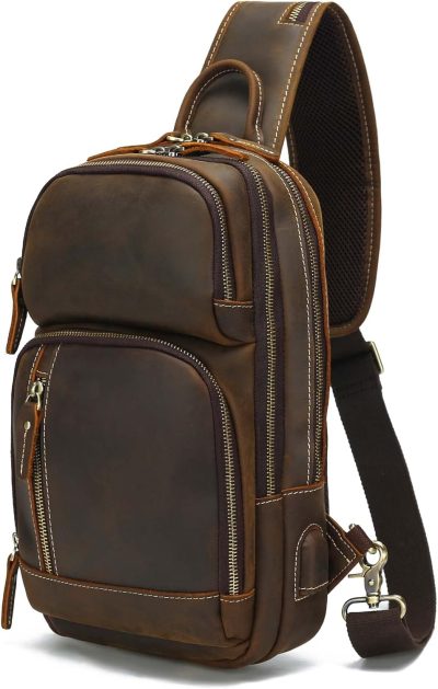 Casual Daypack Backpacks | Full Grain Leather Sling Bag For Men Crossbody Chest Daypack Fits 10.5" Ipad Backpacks Casual Daypack Backpacks