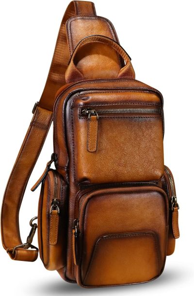 Casual Daypack Backpacks | Genuine Leather Sling Bag Crossbody Casual Hiking Daypack Vintage Handmade Chest Bag Shoulder Backpack Motorcycle Pack Backpacks Brown