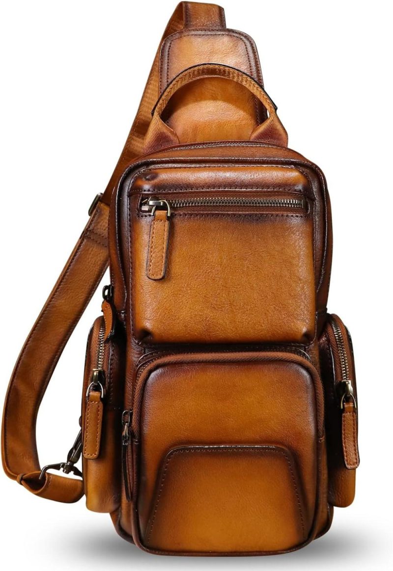 Casual Daypack Backpacks | Genuine Leather Sling Bag Crossbody Casual Hiking Daypack Vintage Handmade Chest Bag Shoulder Backpack Motorcycle Pack Backpacks Brown