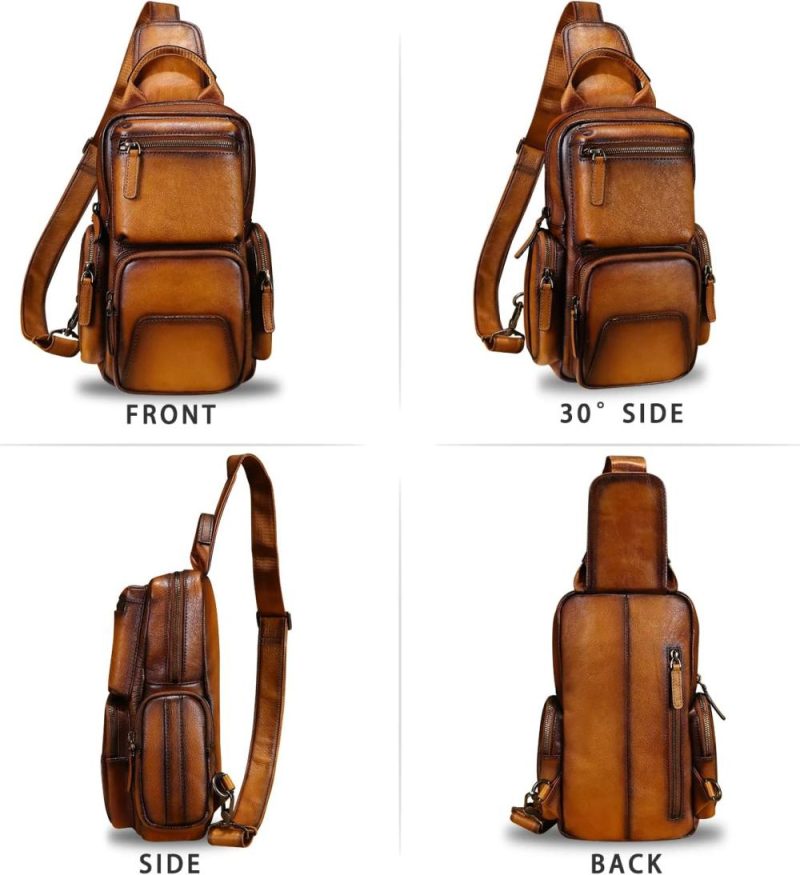 Casual Daypack Backpacks | Genuine Leather Sling Bag Crossbody Casual Hiking Daypack Vintage Handmade Chest Bag Shoulder Backpack Motorcycle Pack Backpacks Brown