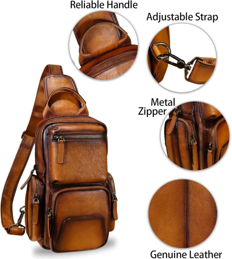 Casual Daypack Backpacks | Genuine Leather Sling Bag Crossbody Casual Hiking Daypack Vintage Handmade Chest Bag Shoulder Backpack Motorcycle Pack Backpacks Brown