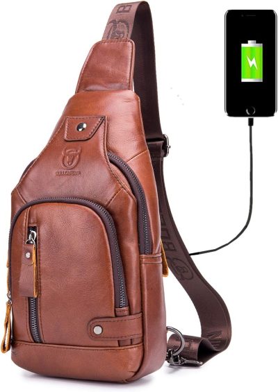 Casual Daypack Backpacks | Genuine Leather Sling Bag With Usb Charging Port Multi-Pocket Chest Bag For Men Hiking Travel Daypack Xb-129 Backpacks Brown