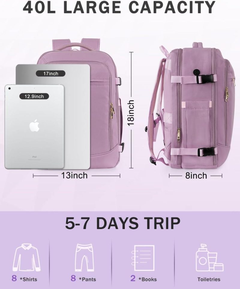 Casual Daypack Backpacks | Inc Carry On Travel Backpack For Women, Flight Approved 40L Travel Bag With 2 Packing Cubes, Personal Item Size Bookbag For College, Work, Travel, Purple Backpacks Casual Daypack Backpacks