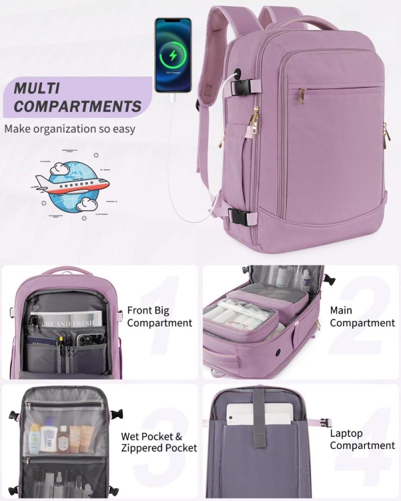 Casual Daypack Backpacks | Inc Carry On Travel Backpack For Women, Flight Approved 40L Travel Bag With 2 Packing Cubes, Personal Item Size Bookbag For College, Work, Travel, Purple Backpacks Casual Daypack Backpacks