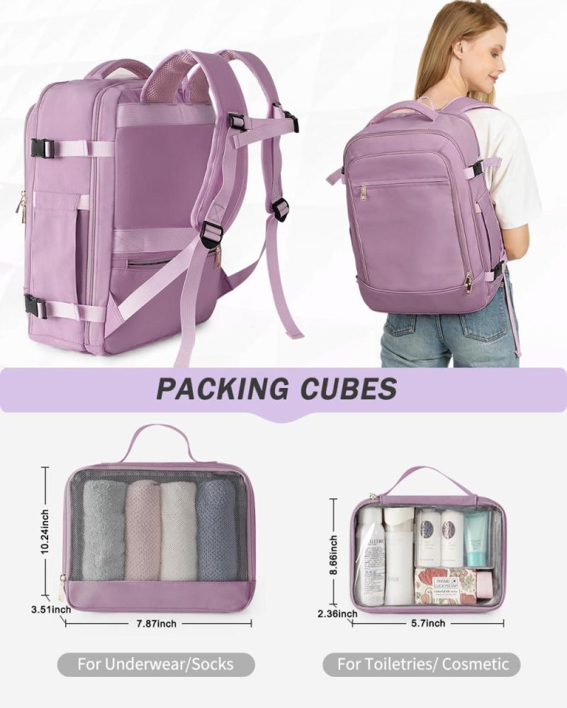 Casual Daypack Backpacks | Inc Carry On Travel Backpack For Women, Flight Approved 40L Travel Bag With 2 Packing Cubes, Personal Item Size Bookbag For College, Work, Travel, Purple Backpacks Casual Daypack Backpacks