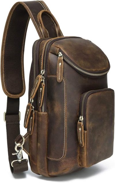 Casual Daypack Backpacks | Vintage Full Grain Leather Sling Bag Crossbody Chest Daypack Backpacks Brown