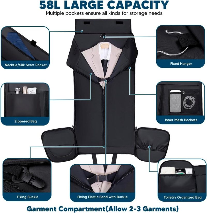 Garment Bags | Garment Bags For Travel, Convertible Garment Duffle Bag For Men Women, Carry On Garment Bag Backpack, 4 In 1 Travel Suit Bag With Shoe Compartment, Large Weekender Bag Garment Bags Dark Grey