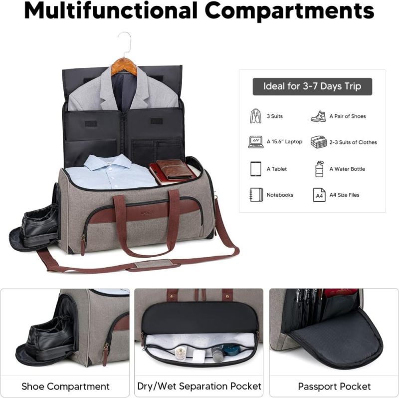 Garment Bags | Garment Duffle Bag For Travel, Convertible Travel Garment Bags, Carry On Canvas Garment Duffle Bag For Men Women With Shoe Compartment – 2 In 1 Hanging Suitcase Suit Travel Bags Garment Bags Garment Bags