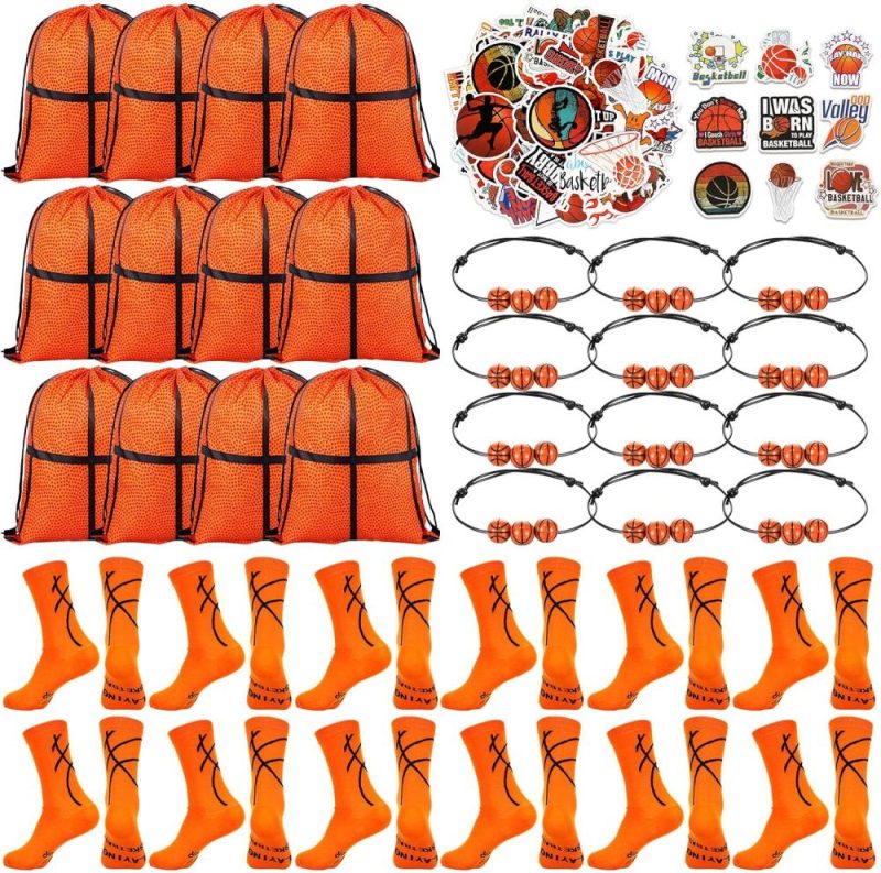 Gym Drawstring Bags | 12 Sets Basketball Party Favor Gift Sport Socks Basketball Drawstring Bags Basketball Stickers Bracelets For Boys Girls Gym Bags Gym Drawstring Bags