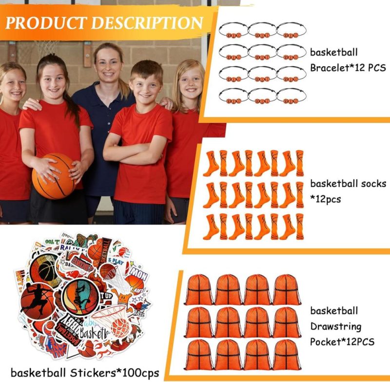 Gym Drawstring Bags | 12 Sets Basketball Party Favor Gift Sport Socks Basketball Drawstring Bags Basketball Stickers Bracelets For Boys Girls Gym Bags Gym Drawstring Bags