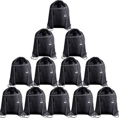 Gym Drawstring Bags | 12Pcs Drawstring Backpack Bags Bulk With Zipper Pocket And Headphone Hole Gym Bags Black