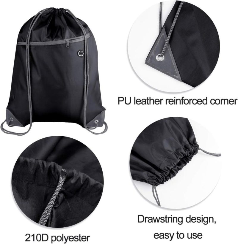 Gym Drawstring Bags | 12Pcs Drawstring Backpack Bags Bulk With Zipper Pocket And Headphone Hole Gym Bags Black