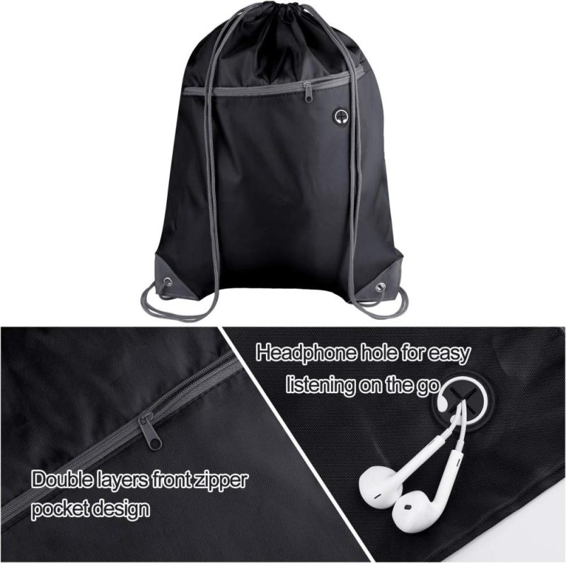 Gym Drawstring Bags | 12Pcs Drawstring Backpack Bags Bulk With Zipper Pocket And Headphone Hole Gym Bags Black