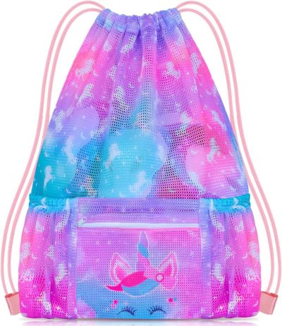 Gym Drawstring Bags | Drawstring Backpack For Kids, Girls Mesh Beach Bag For Swimming, Large Size Gym Drawstring Bags Cinch Sack For Girls (Unicorn) Gym Bags Gym Drawstring Bags