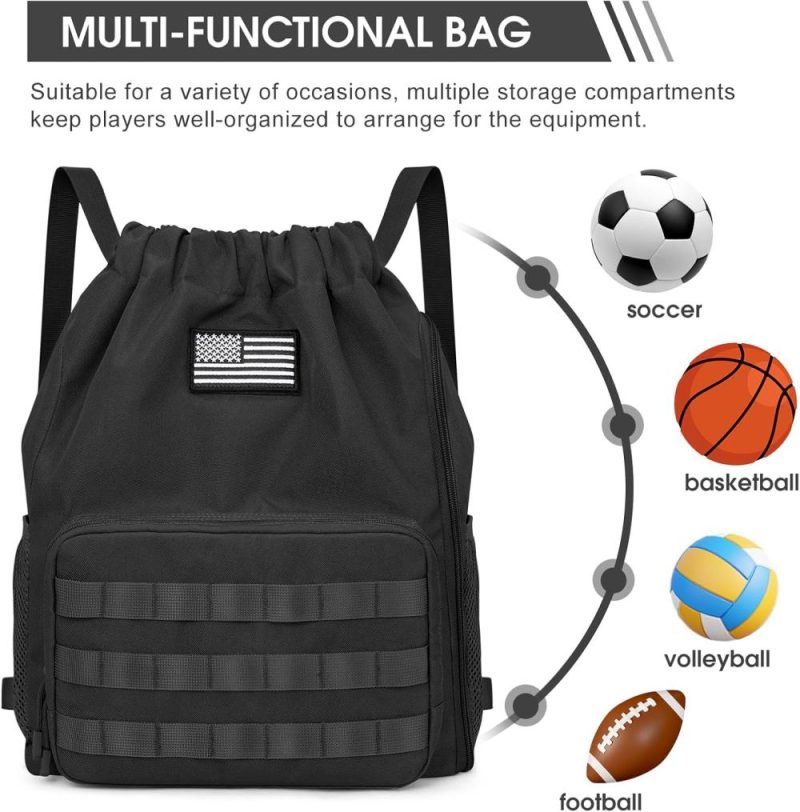 Gym Drawstring Bags | Drawstring Backpack Gym Backpack Soccer Basketball Bag With Shoes Compartment Tactical Water-Resistant String Sports Bag For Men Women(Black) Gym Bags Black