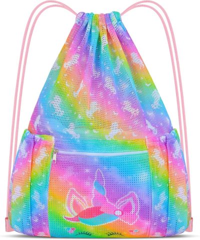 Gym Drawstring Bags | Mesh Drawstring Backpack Bag With Zipper Pocket Beach Bag For Swimming Gear Backpack Gym Storage Bag For Kids Large Gym Bags Gym Drawstring Bags