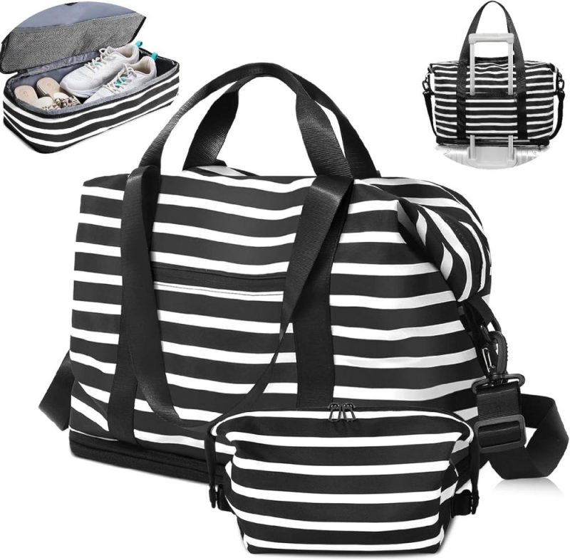 Gym Tote Bags | 33-45L Expandable Weekender Travel Bag With Toiletry Bag,Gym Tote Handbag With Shoe Compartment,Carry On Duffel Bags With Wet Pocket Gym Bags Black+white