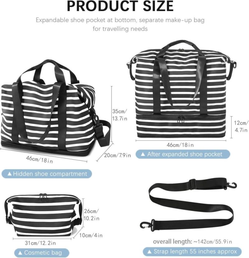 Gym Tote Bags | 33-45L Expandable Weekender Travel Bag With Toiletry Bag,Gym Tote Handbag With Shoe Compartment,Carry On Duffel Bags With Wet Pocket Gym Bags Black+white