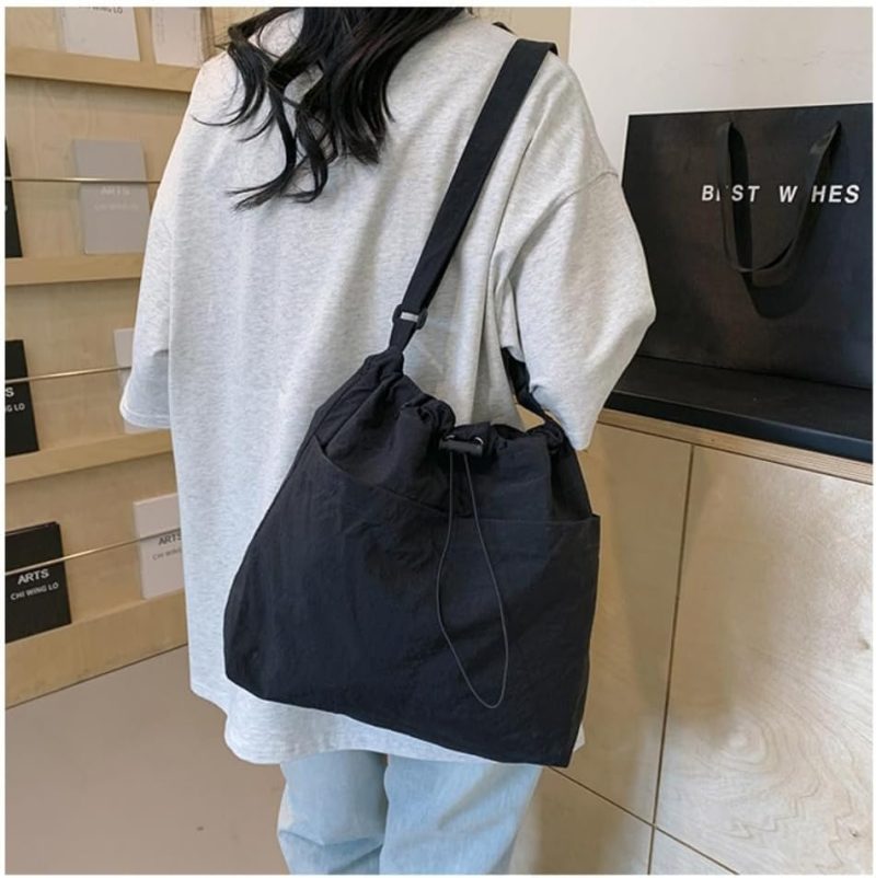 Gym Tote Bags | Canvas Crossbody Bag & Shoulder Tote Bag For Women Men, Medium Size Pockets With Secure Drawstring Clasp Gym Bags Black