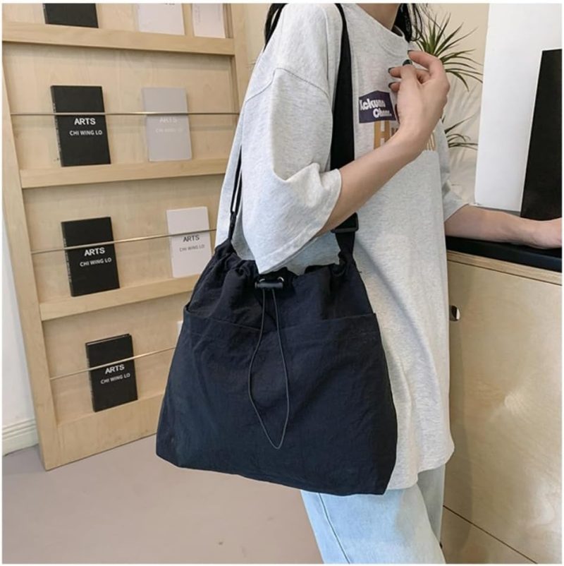 Gym Tote Bags | Canvas Crossbody Bag & Shoulder Tote Bag For Women Men, Medium Size Pockets With Secure Drawstring Clasp Gym Bags Black