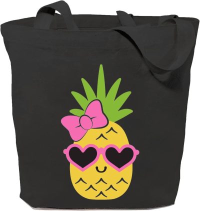 Gym Tote Bags | Cute Pineapple Graphic Canvas Tote Bag Eco Friendly Shoulder Bag Kawaii Pineapple Handbag Lightweight Bag Gym Bags Black