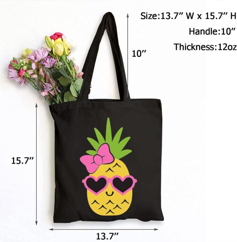 Gym Tote Bags | Cute Pineapple Graphic Canvas Tote Bag Eco Friendly Shoulder Bag Kawaii Pineapple Handbag Lightweight Bag Gym Bags Black