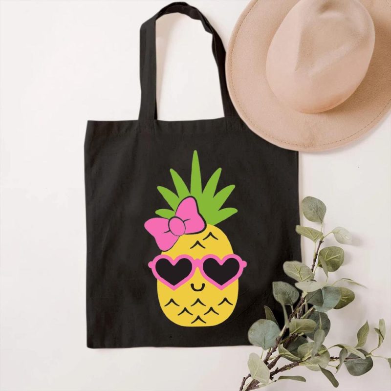 Gym Tote Bags | Cute Pineapple Graphic Canvas Tote Bag Eco Friendly Shoulder Bag Kawaii Pineapple Handbag Lightweight Bag Gym Bags Black