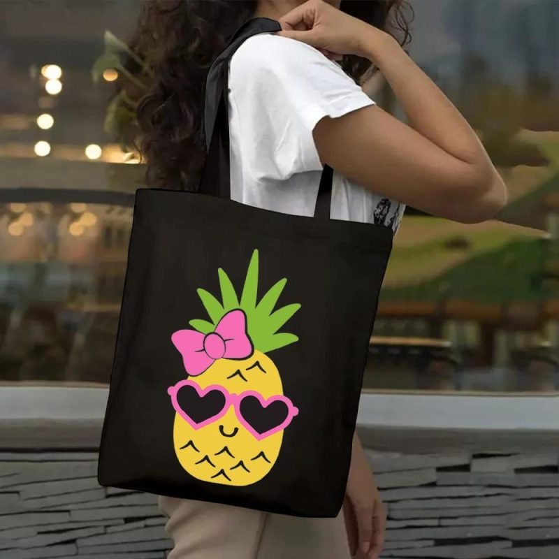 Gym Tote Bags | Cute Pineapple Graphic Canvas Tote Bag Eco Friendly Shoulder Bag Kawaii Pineapple Handbag Lightweight Bag Gym Bags Black