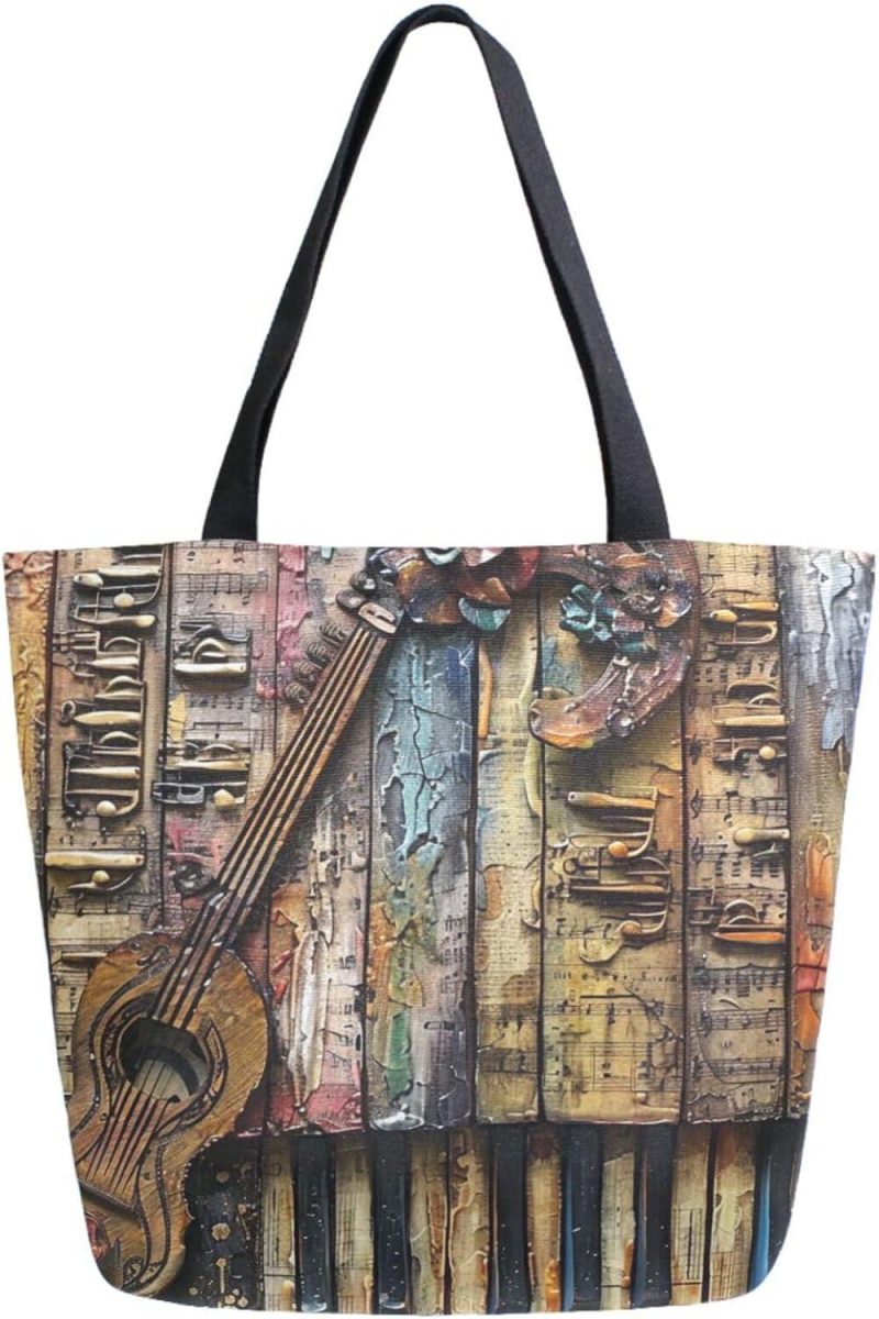 Gym Tote Bags | Fashion Extra Large Shoulder Grocery Tote Bag, Piano Keys Ukulele Musical Note Canvas Daily Handle Bag For Gym Yoga Weekender Beach Travel Picnic Kitchen Reusable Market Shopping Gym Bags Gym Tote Bags