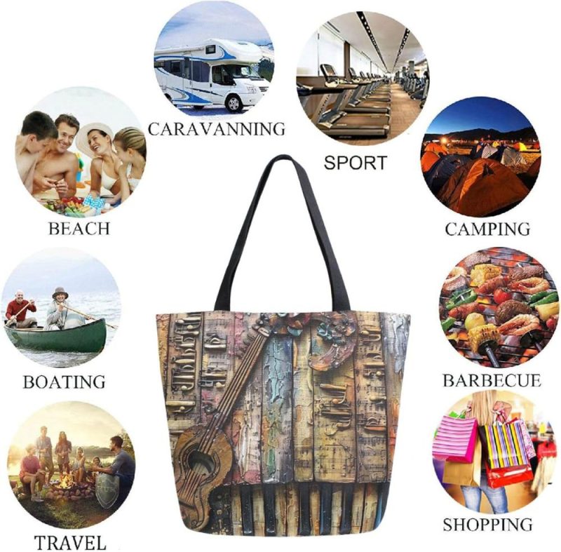 Gym Tote Bags | Fashion Extra Large Shoulder Grocery Tote Bag, Piano Keys Ukulele Musical Note Canvas Daily Handle Bag For Gym Yoga Weekender Beach Travel Picnic Kitchen Reusable Market Shopping Gym Bags Gym Tote Bags