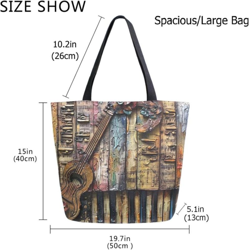 Gym Tote Bags | Fashion Extra Large Shoulder Grocery Tote Bag, Piano Keys Ukulele Musical Note Canvas Daily Handle Bag For Gym Yoga Weekender Beach Travel Picnic Kitchen Reusable Market Shopping Gym Bags Gym Tote Bags