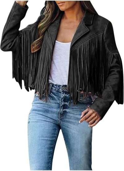 Gym Tote Bags | Fringe Coat For Women Cowgirl Faux Suede Cropped Short Jacket Notch Lapel Collar Long Sleeve Tassels Cardigans (Small, Black) Gym Bags Gym Tote Bags