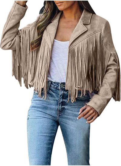 Gym Tote Bags | Fringe Coat For Women Cowgirl Faux Suede Cropped Short Jacket Notch Lapel Collar Long Sleeve Tassels Cardigans (X-Large, Khaki) Gym Bags Gym Tote Bags